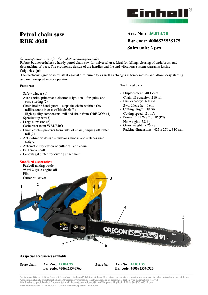 Page 1 de la notice Manuel utilisateur Einhell Royal RBK 4040