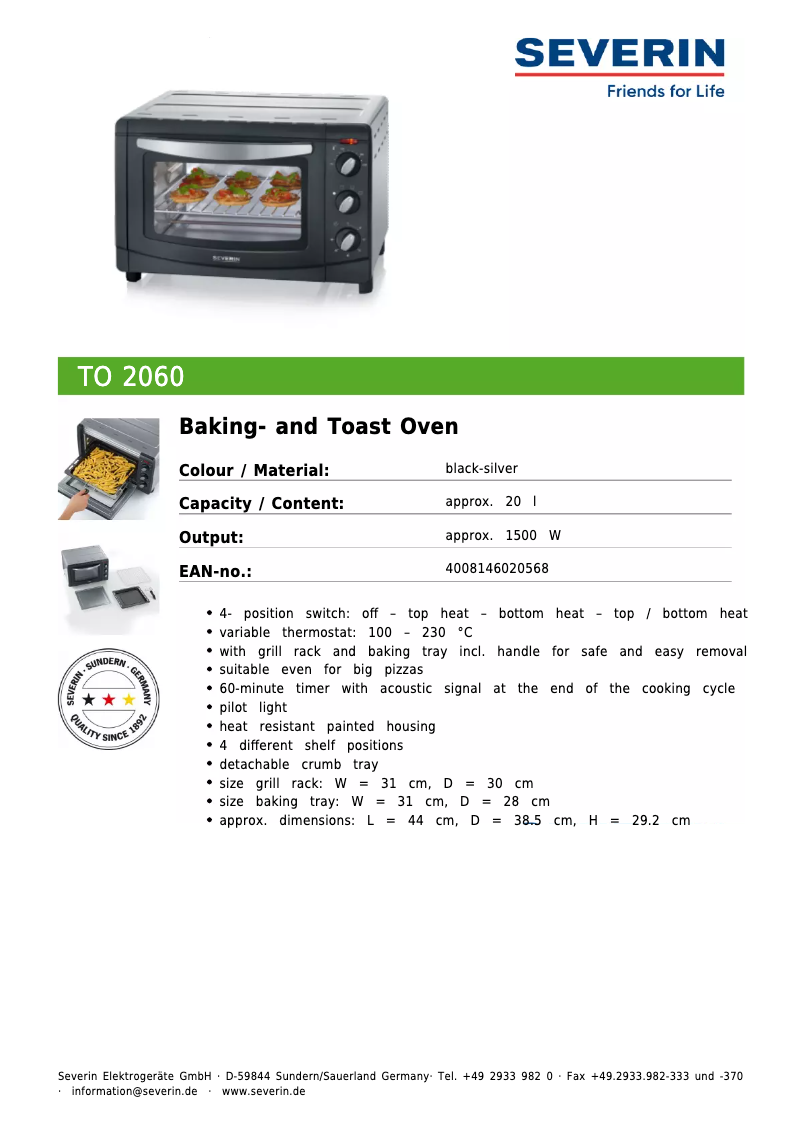 Page 1 of the manual Technical Sheet Severin TO 2060