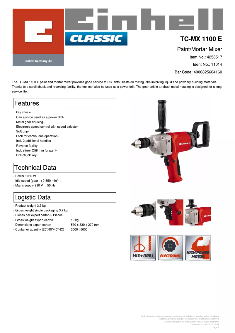 Página 1 del manual Ficha técnica Einhell TC-MX 1100 E