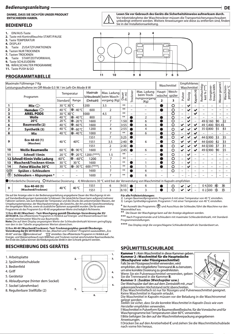 Page 1 de la notice Manuel d'utilisation et d'entretien Privileg PWWTV X 76G6 DE N