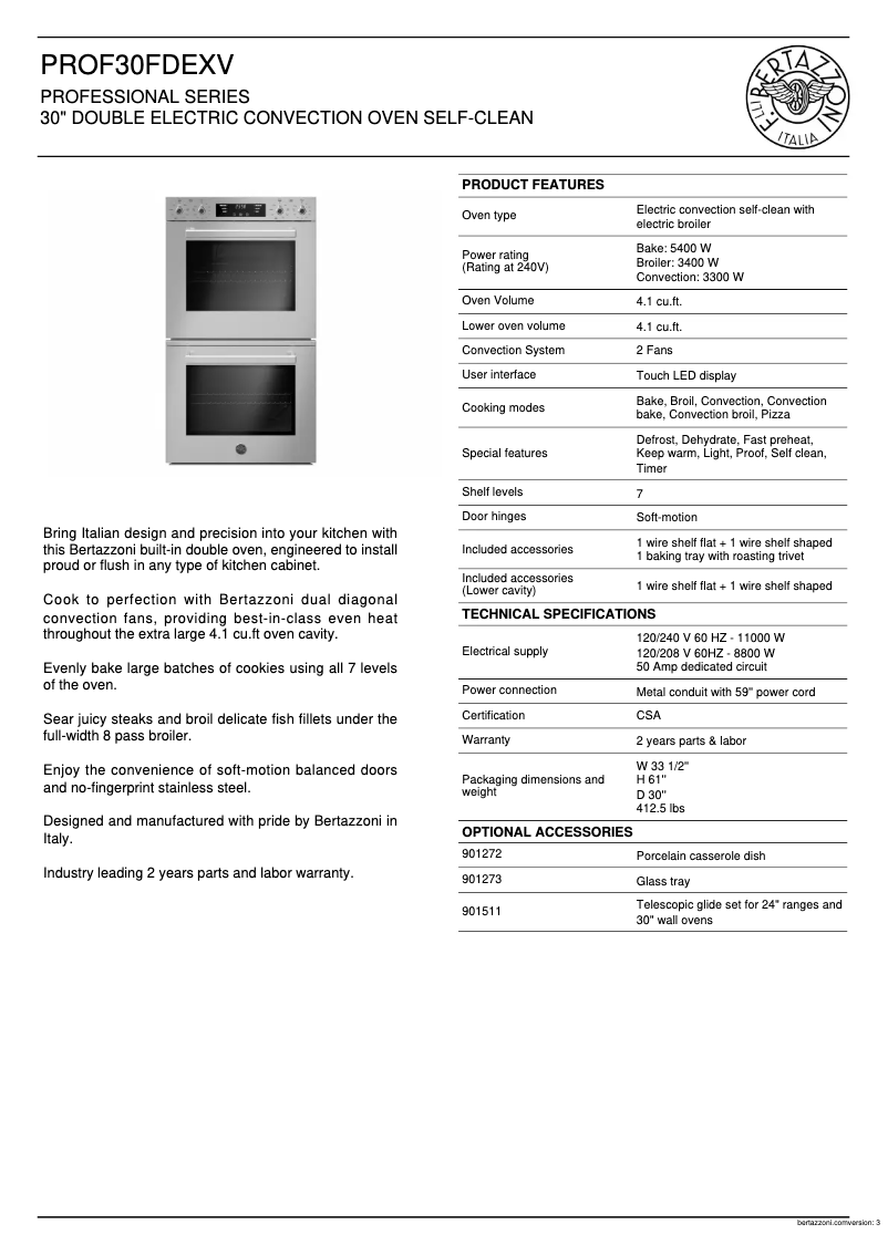 Page 1 de la notice Fiche technique Bertazzoni PROF30FDEXV