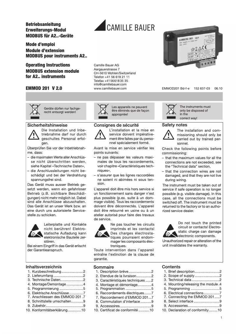 Page n°1 - Manuel utilisateur Camille Bauer EMMOD201