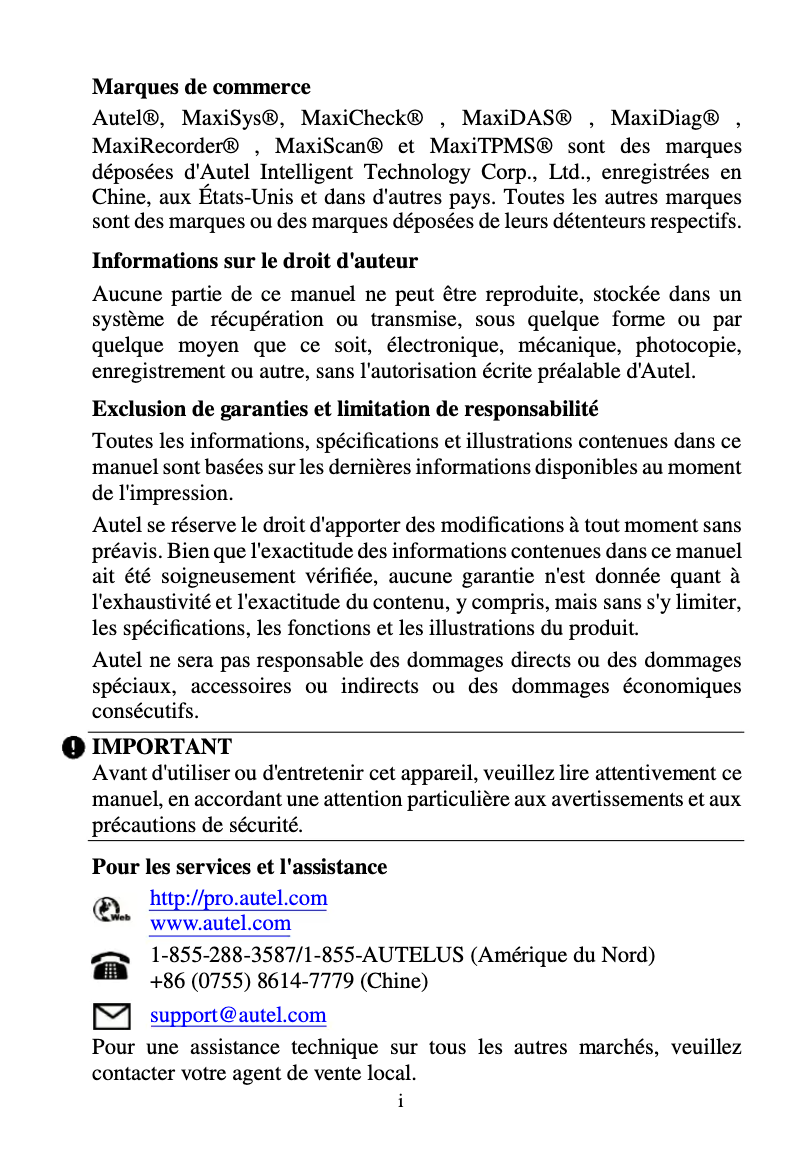 Page 1 de la notice Manuel utilisateur Autel MaxiVideo MV480