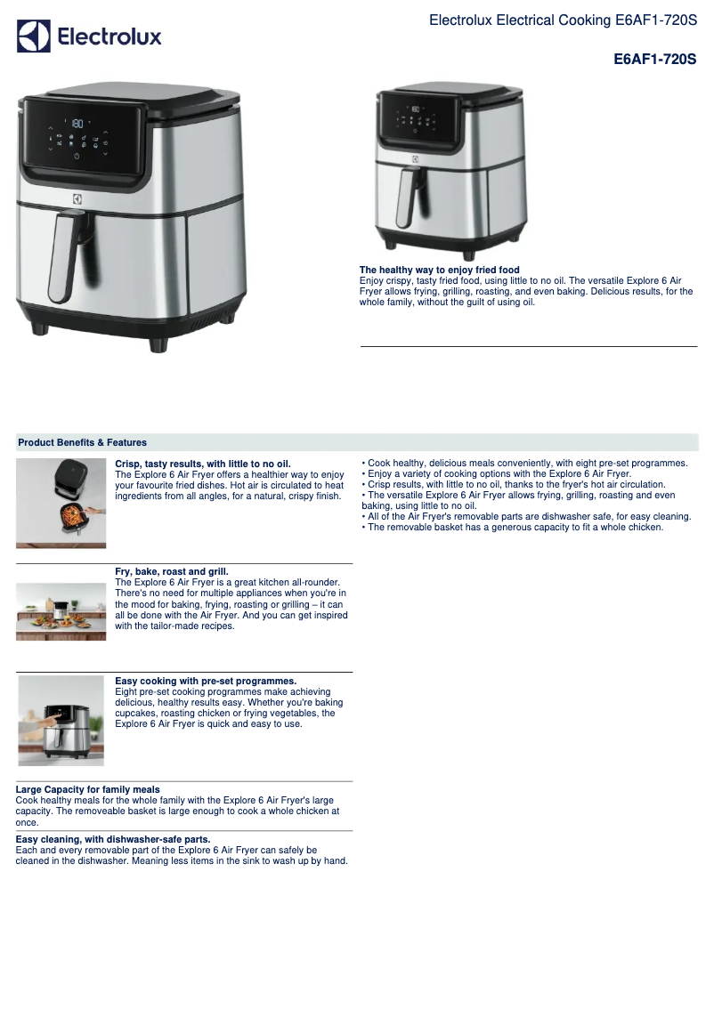 Page 1 de la notice Fiche technique Electrolux Explore 6 E6AF1-720S