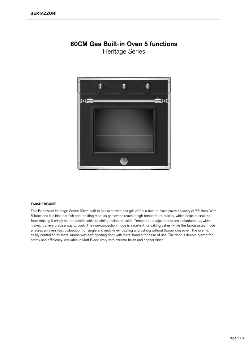 Page 1 de la notice Fiche technique Bertazzoni F605HERGKNE