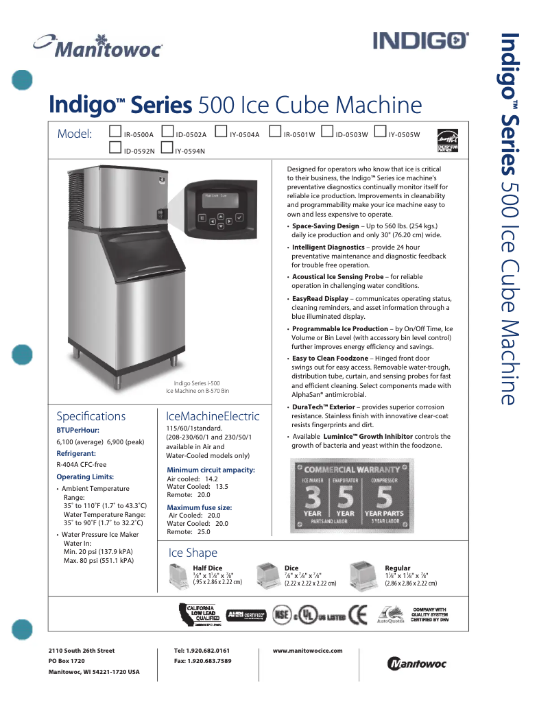 Page n°1 - Fiche technique Manitowoc ID-0502A