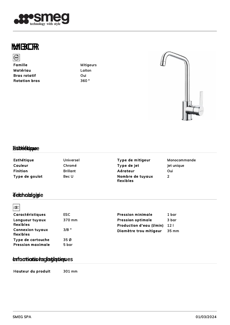 Page 1 de la notice Fiche technique Smeg MI3CR