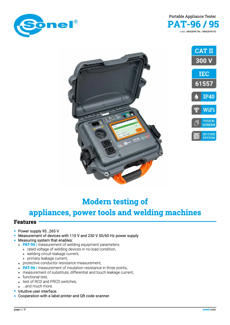 Page 1 de la notice Fiche technique Sonel PAT-95