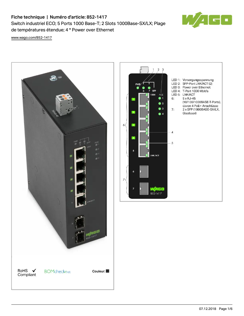 Page 1 de la notice Manuel utilisateur Wago 852-1417