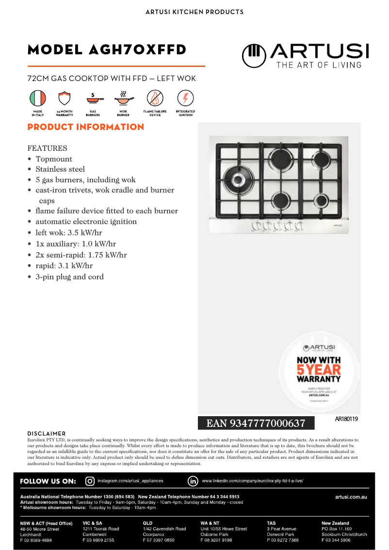 Page 1 de la notice Fiche technique Artusi AGH70XFFD