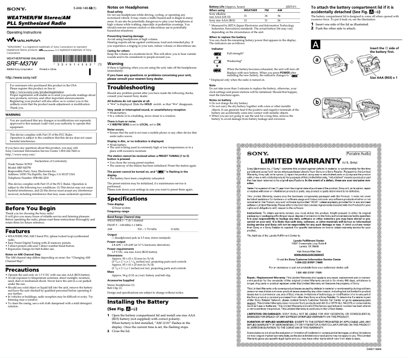 Page 1 de la notice Manuel utilisateur Sony SRF-M37W