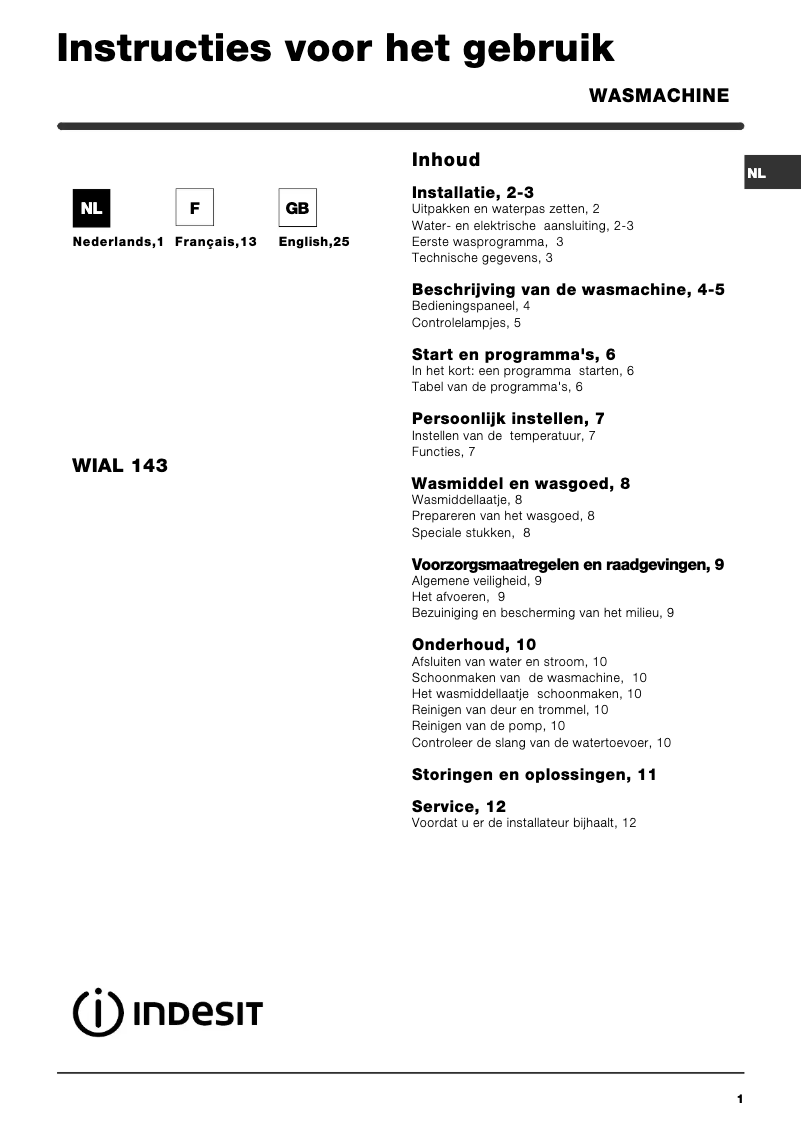 Page 1 de la notice Manuel utilisateur Indesit WIAL 143