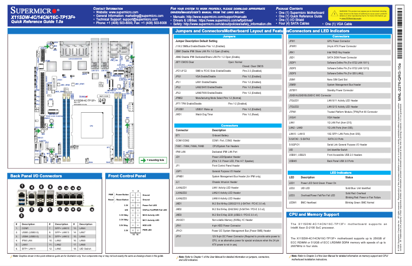 Page n°1 - Guide de démarrage rapide Supermicro X11SDW-14CN-TP13F+