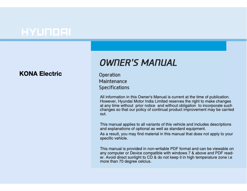 Page 1 de la notice Manuel utilisateur Hyundai Kona Electric (2019)