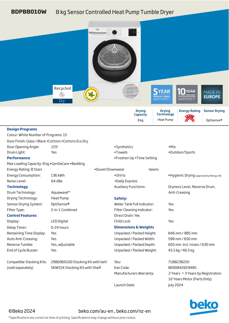 Page 1 de la notice Fiche technique Beko BDPB8010W