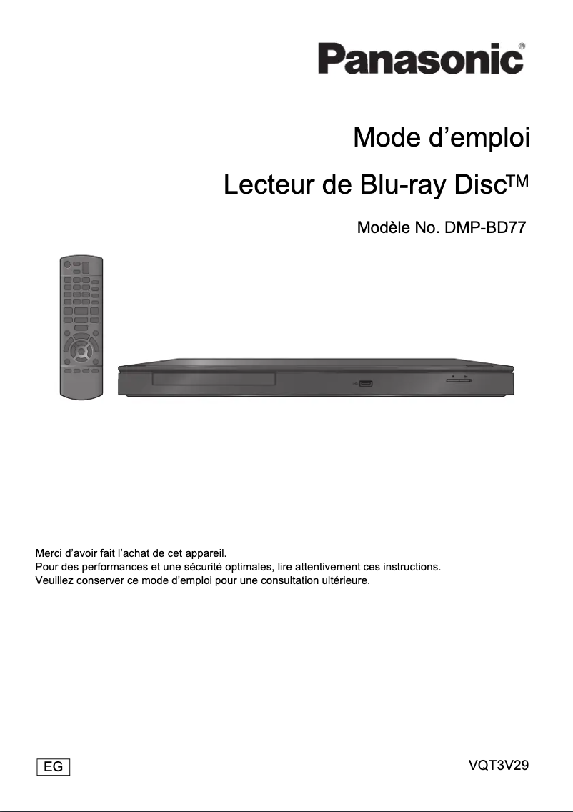 Page 1 de la notice Manuel utilisateur Panasonic DMP-BD77