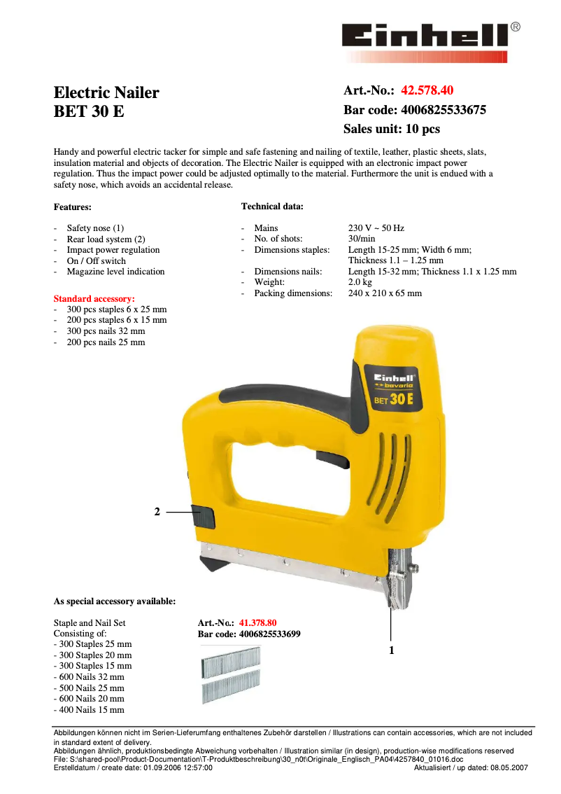 Page n°1 - Manuel utilisateur Bavaria by Einhell BET 30 E