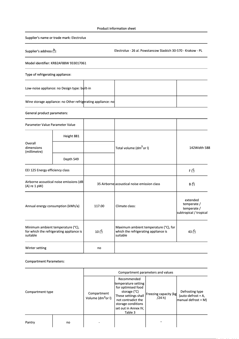 Page n°1 - Fiche technique Electrolux KRB2AF88W