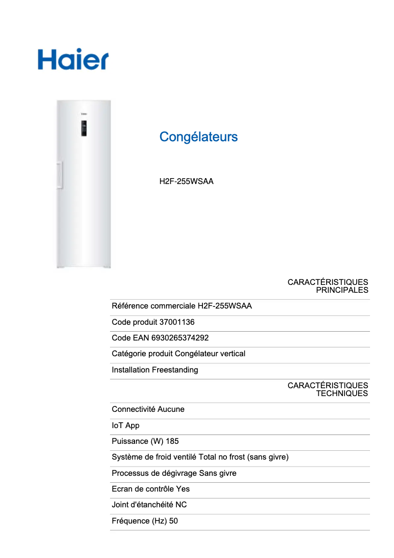 Page 1 de la notice Fiche technique Haier H2F-255WSAA