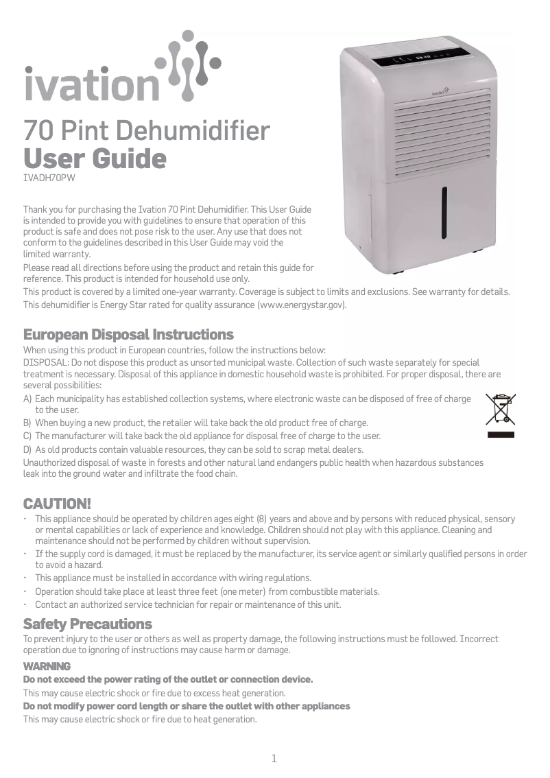 Page 1 de la notice Manuel utilisateur Ivation IVADH70PW