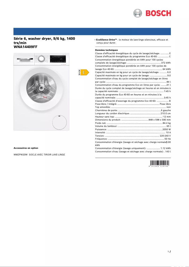 Página 1 del manual Ficha técnica Bosch WNA14409FF