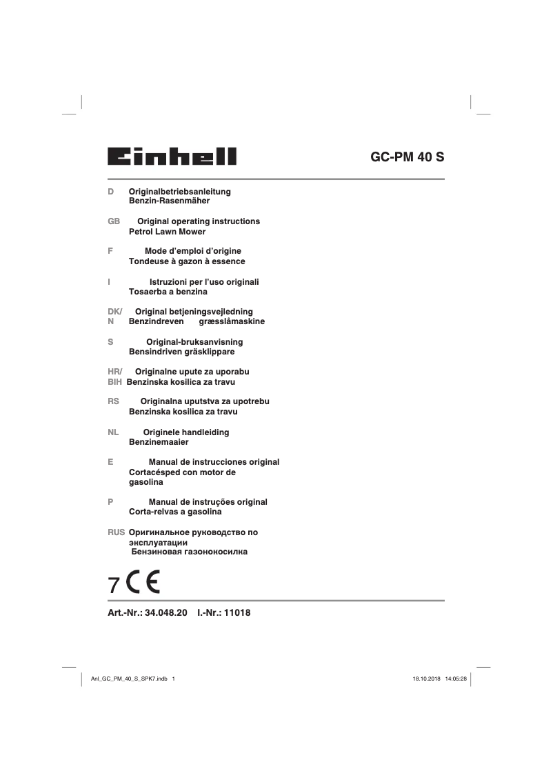 Page 1 de la notice Manuel utilisateur Einhell GC-PM 40 S-P