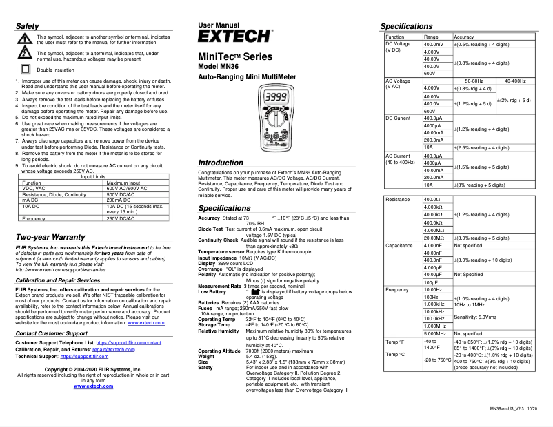 Página 1 del manual Manual de usuario Extech MN36