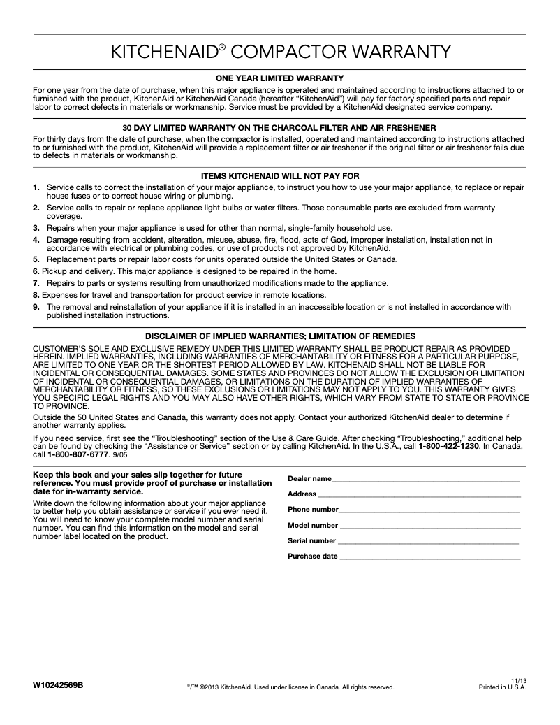 Page n°1 - Informations de garantie KitchenAid KTTS505EPA