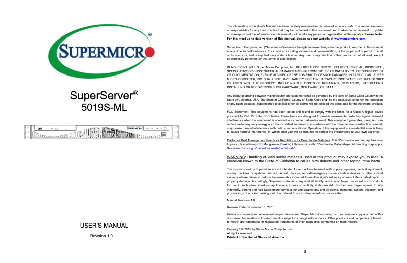 Image de la première page du manuel de l'appareil SuperServer 5019S-ML