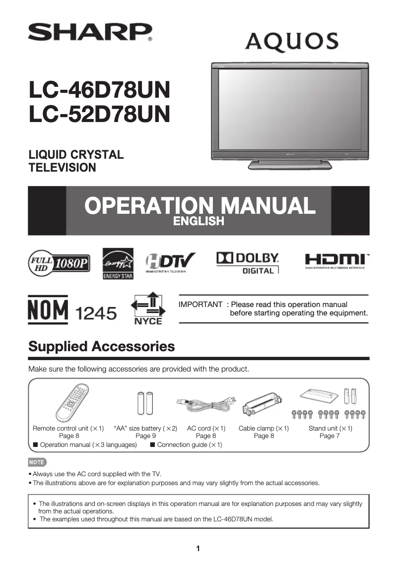 Page 1 de la notice Manuel utilisateur Sharp LC-46D78UN