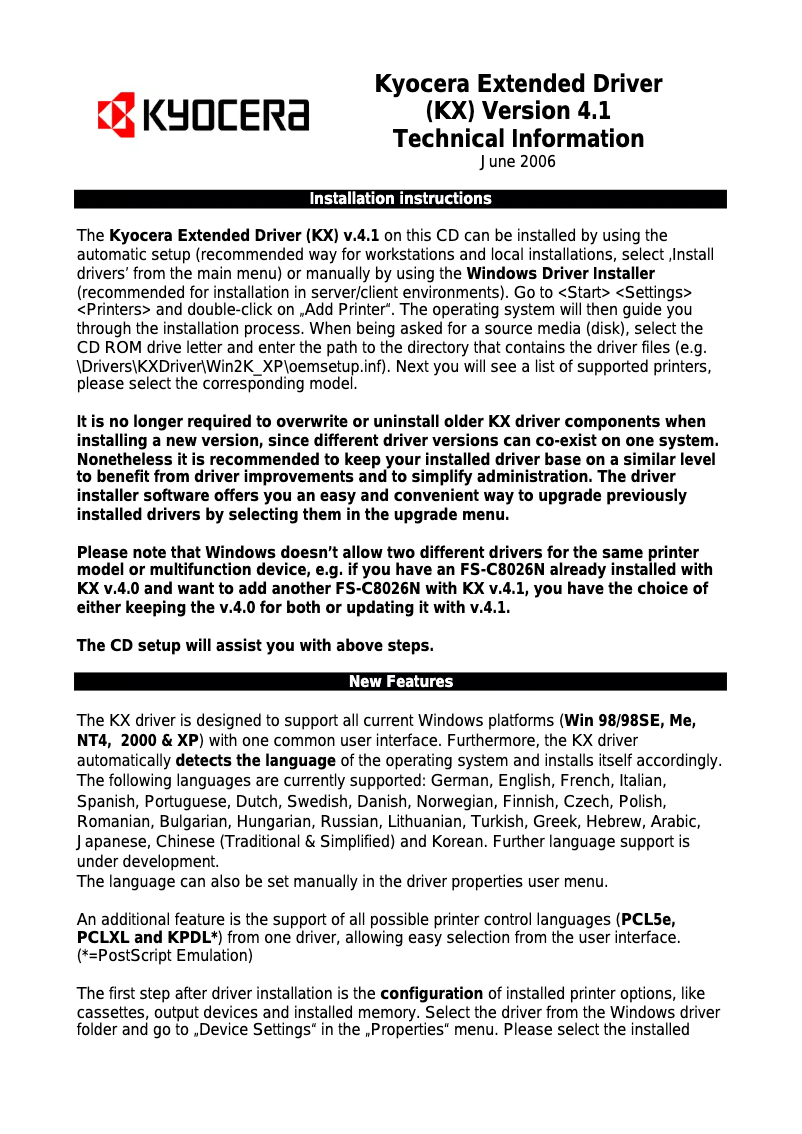 Page 1 de la notice Fiche technique Kyocera KM-C2520