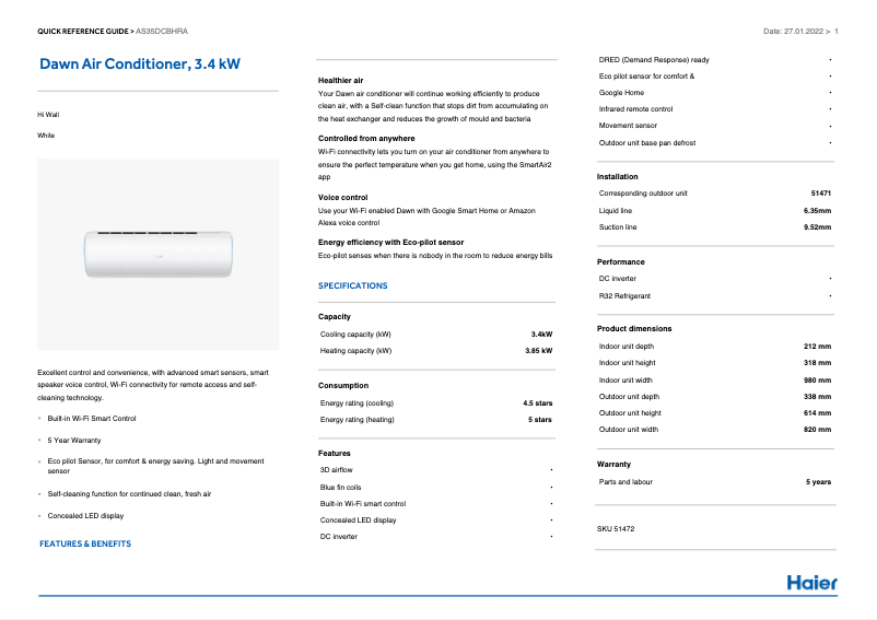 Page 1 de la notice Fiche technique Haier AS35DCBHRA