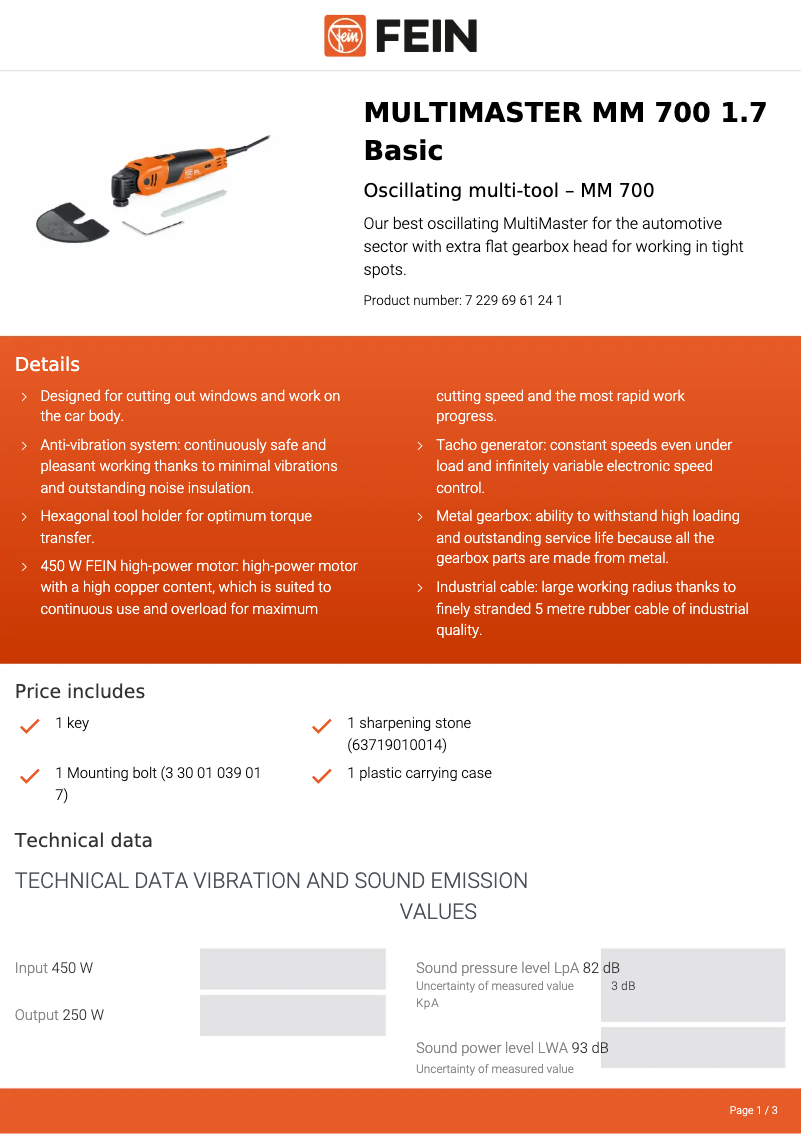 Page n°1 - Fiche technique Fein Multimaster MM 700 1.7 Basic