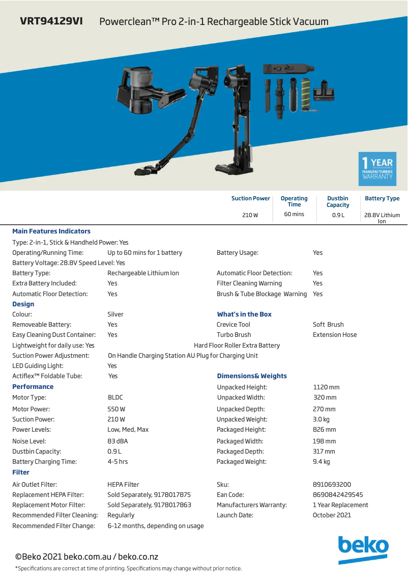 Page n°1 - Fiche technique Beko VRT 94129 VI