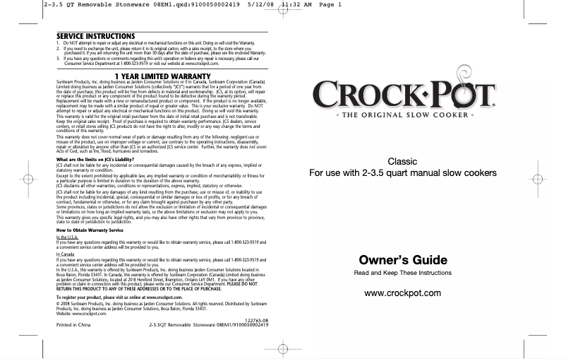Page 1 de la notice Manuel utilisateur Crock-Pot 3735-WN