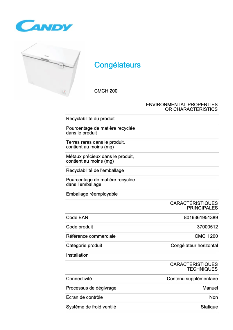 Page n°1 - Fiche technique Candy CMCH 200