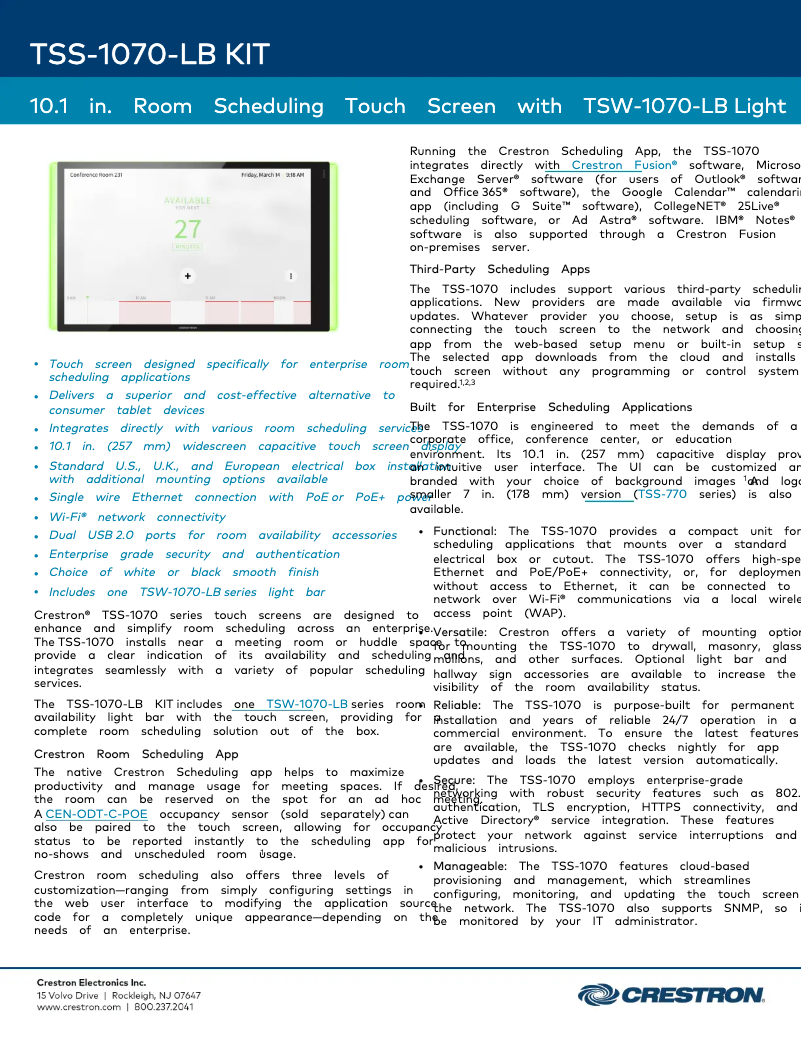 Page n°1 - Fiche technique Crestron TSS-1070-W-S-LB KIT