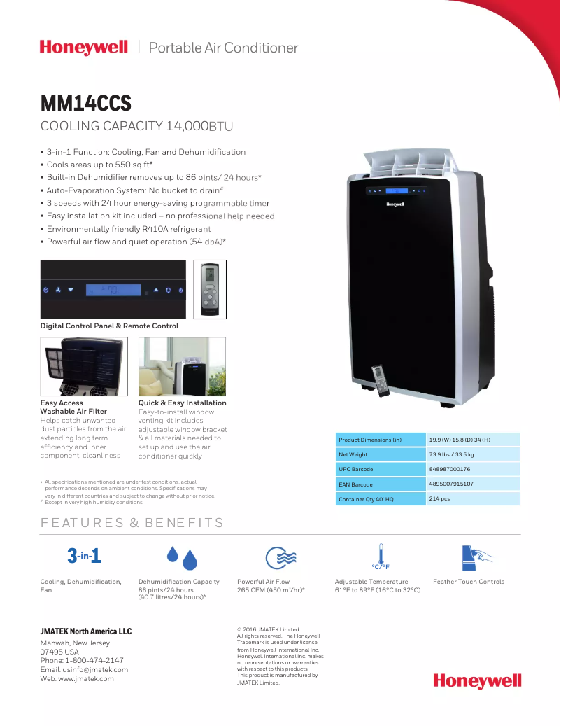 Page 1 de la notice Fiche technique Honeywell MM14CCS