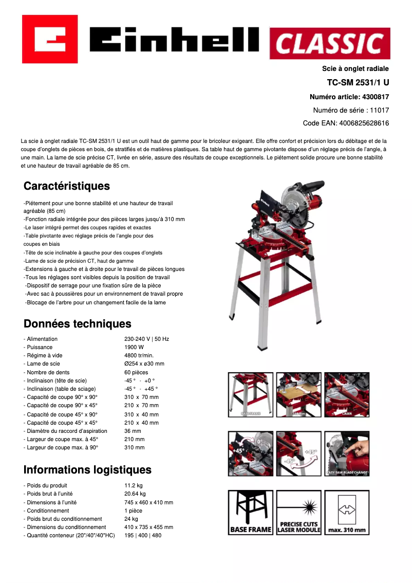 Page 1 de la notice Fiche technique Einhell TC-SM 2531/1 U