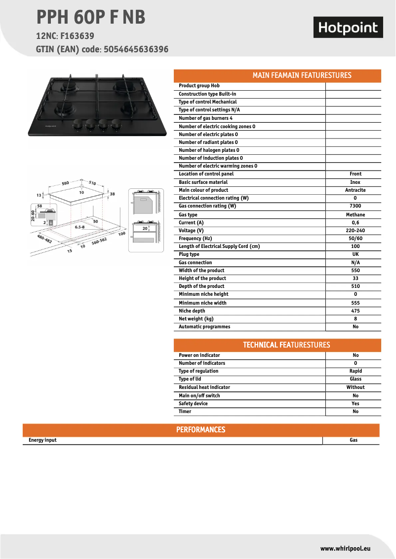 Page n°1 - Fiche technique Hotpoint PPH 60P F NB