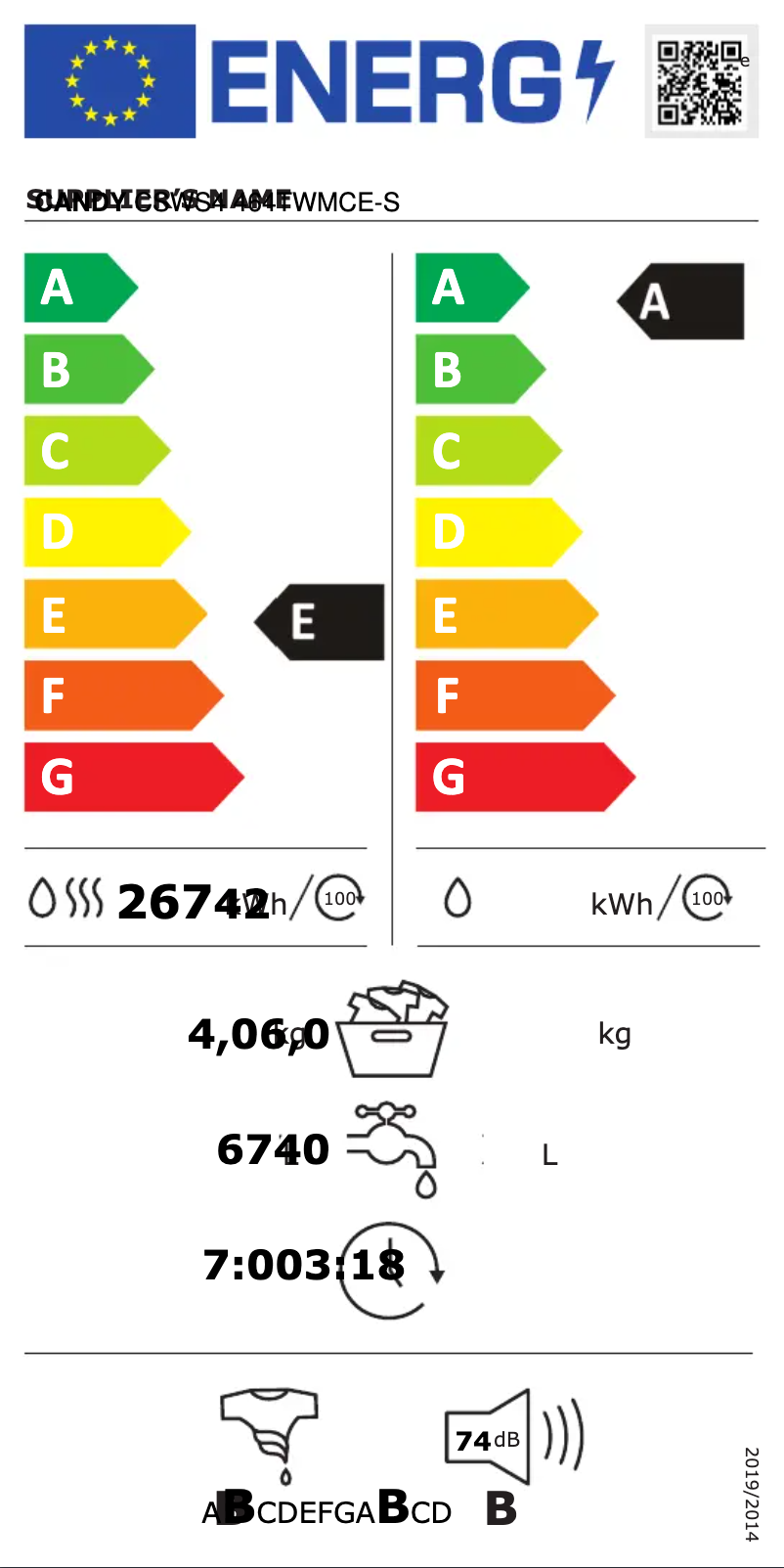 Page n°1 - Label énergétique Candy CSWS4 464TWMCE-S