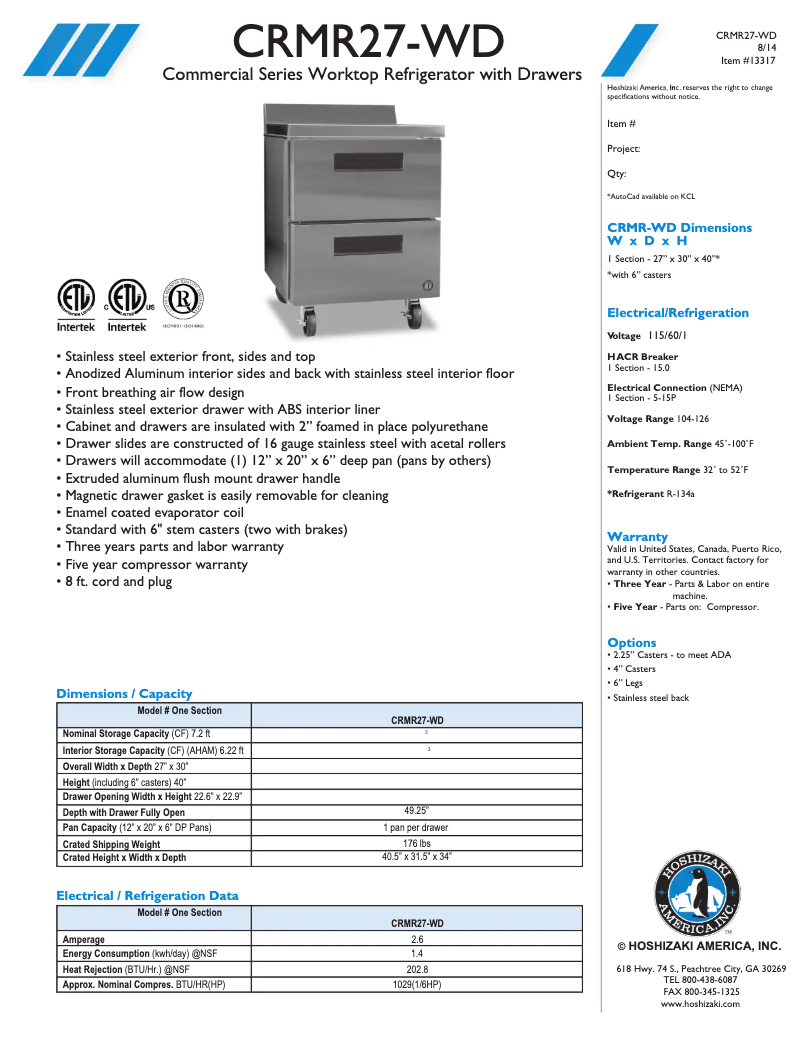 Page 1 de la notice Fiche technique Hoshizaki CRMR27-WD
