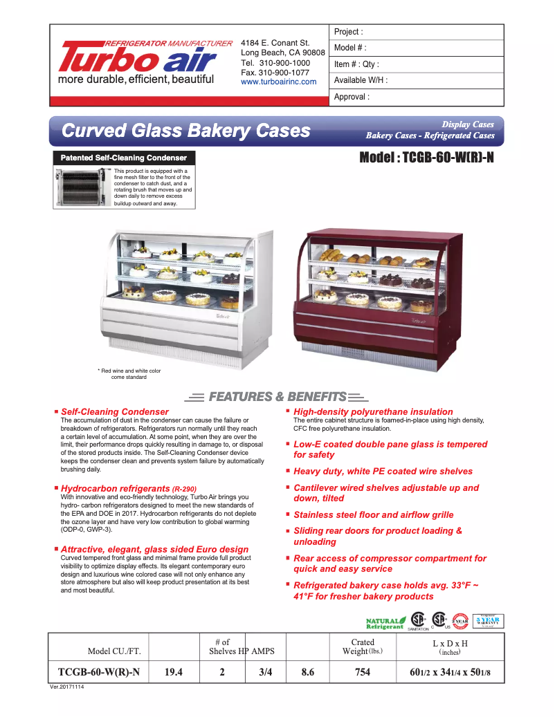 Page 1 de la notice Fiche technique Turbo air TCGB-60-2