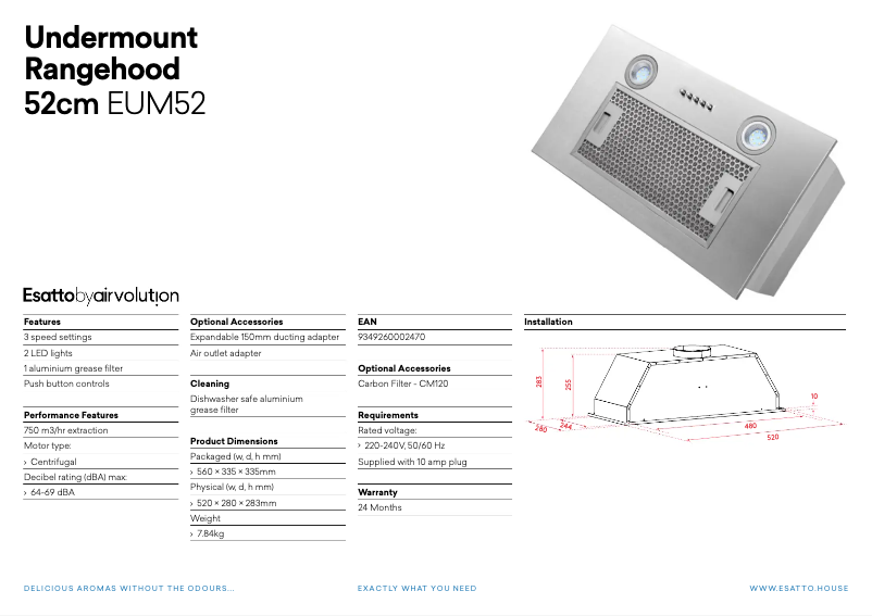 Page 1 de la notice Fiche technique Esatto EUM52