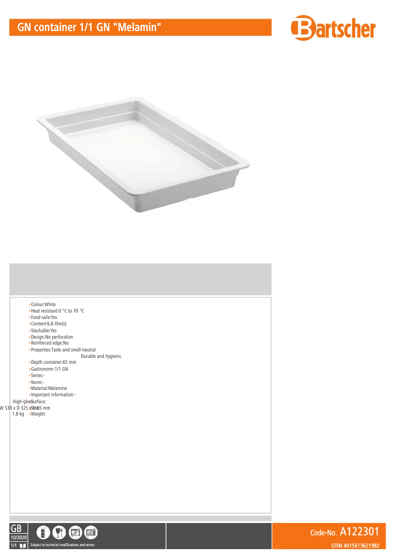 Page n°1 - Fiche technique Bartscher A122301