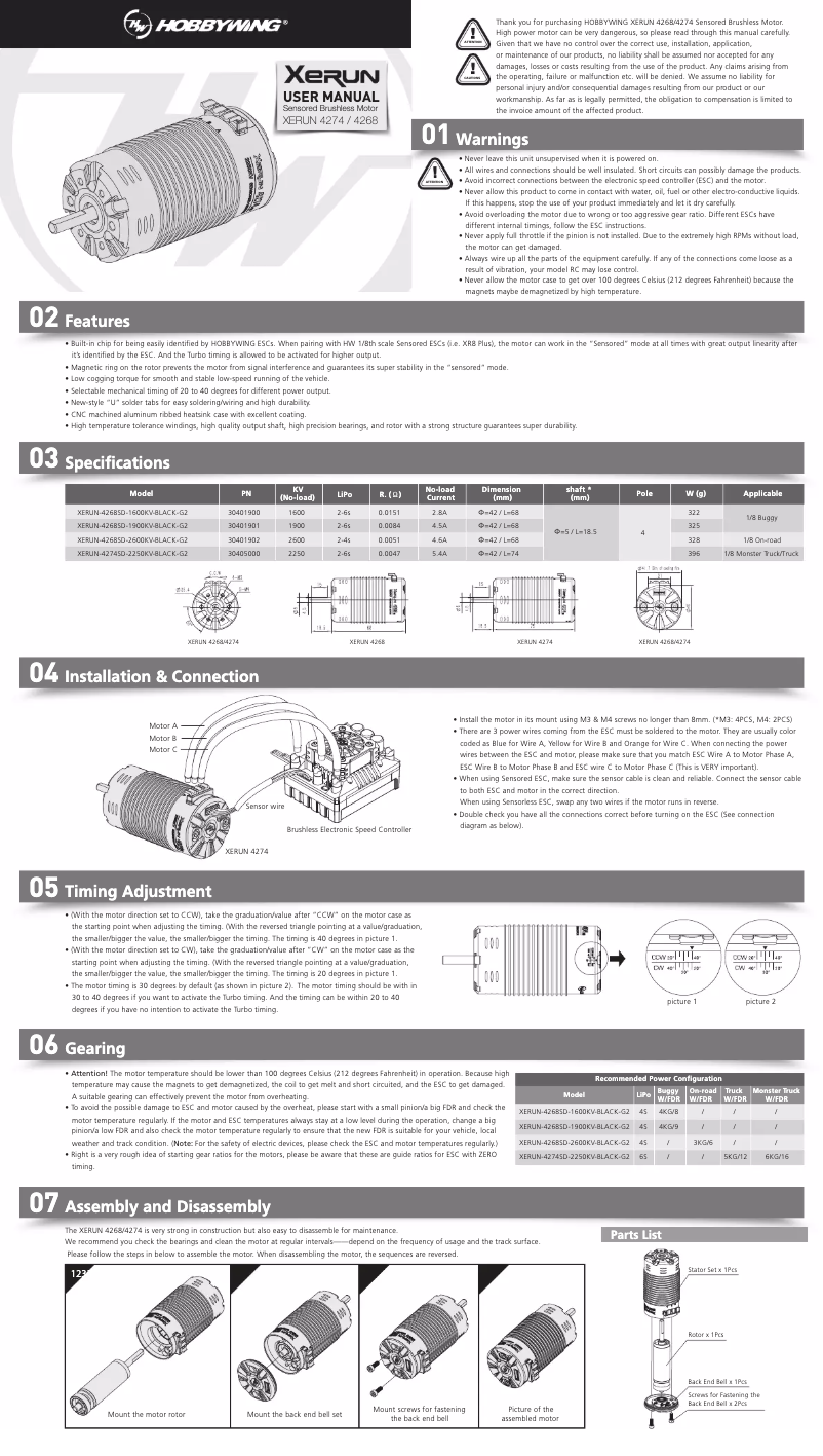 Page n°1 - Manuel utilisateur Hobbywing XeRun-4268SD-1600KV-G2