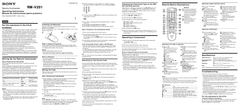 Page n°1 - Manuel utilisateur Sony RM-V201