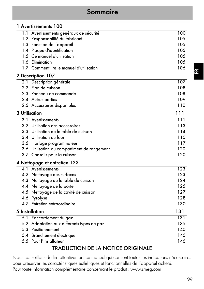 Page 1 de la notice Fiche technique Smeg GP61X9