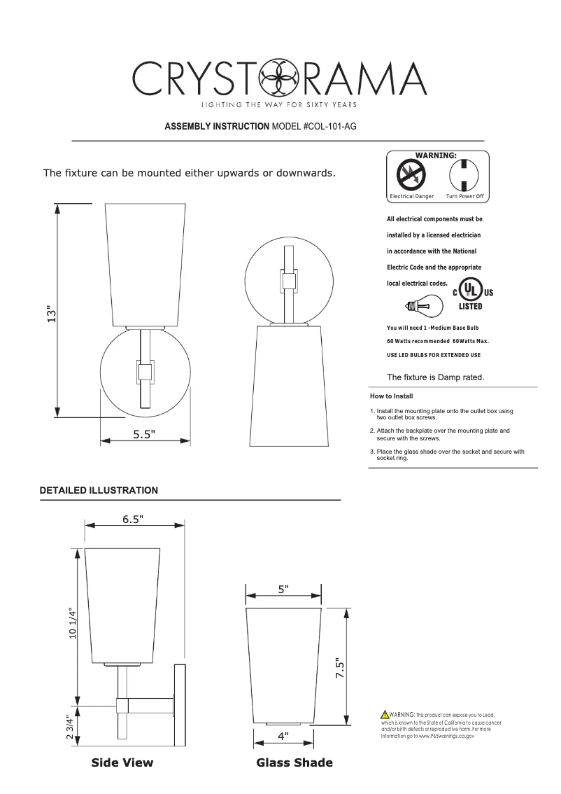 Página 1 del manual Manual de usuario Crystorama Colton COL-101-AG