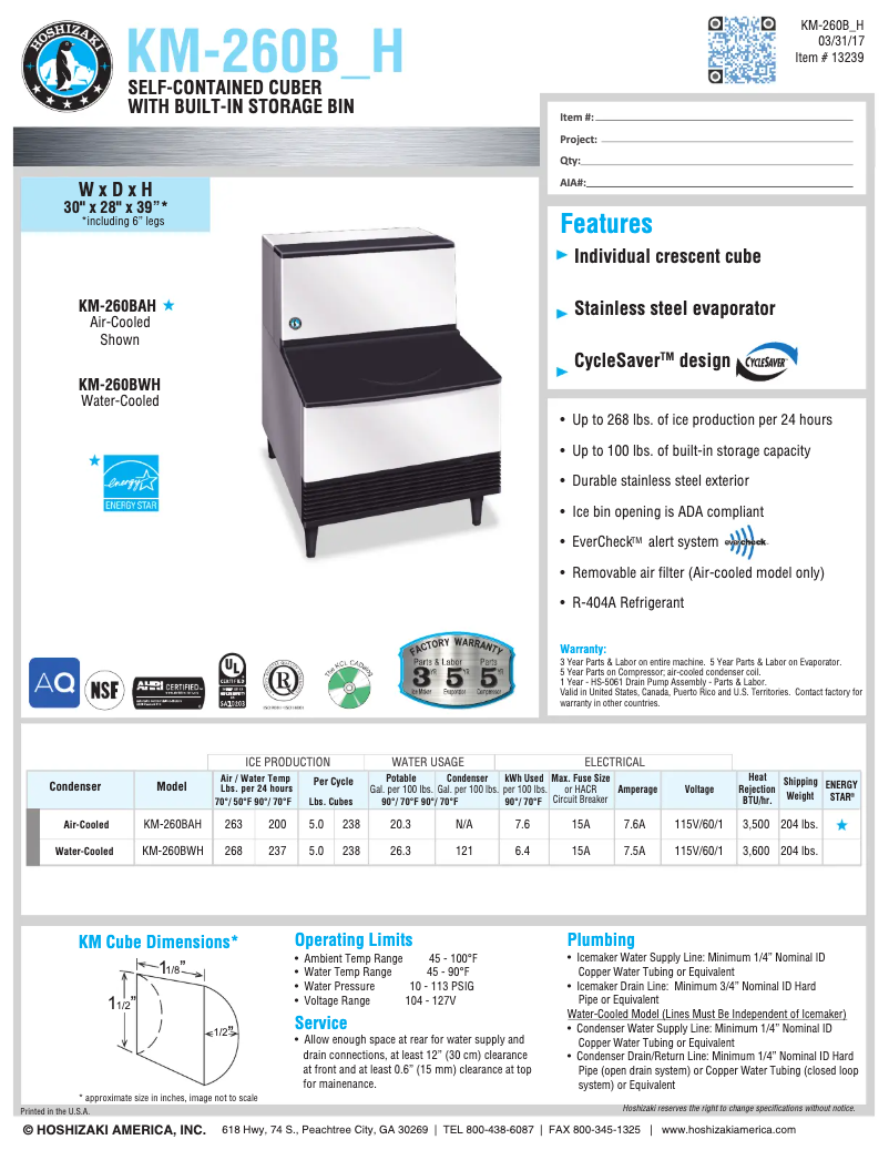 Página 1 del manual Ficha técnica Hoshizaki KM-260BWH